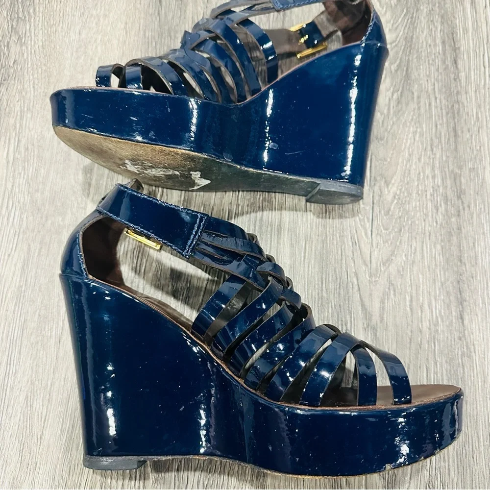 Tory Burch Blue and Brown Wedge Sandals with Stylish Straps